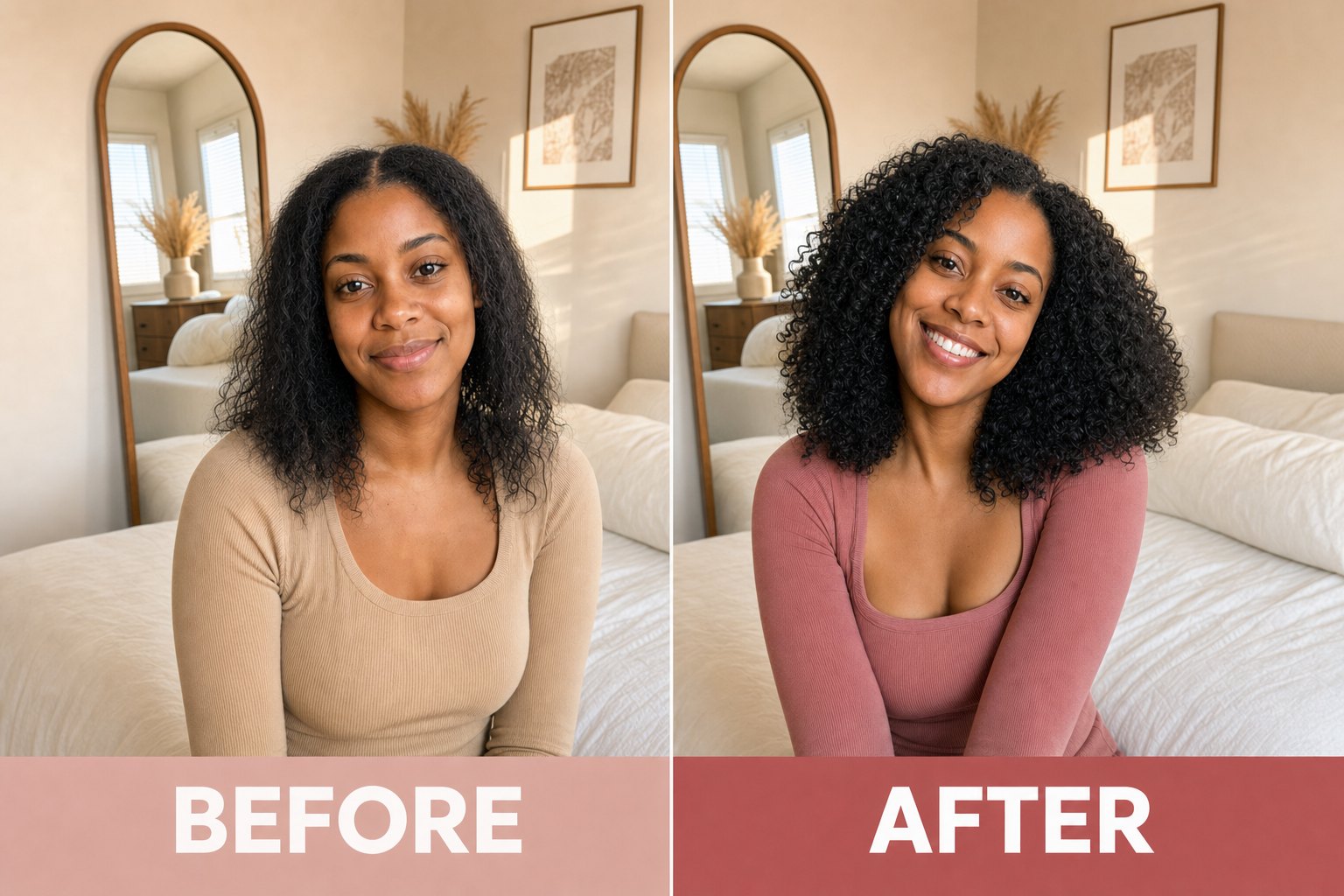 Before and after of hair looking fuller, thicker and more voluminous with The Halo rosemary and rice water mist