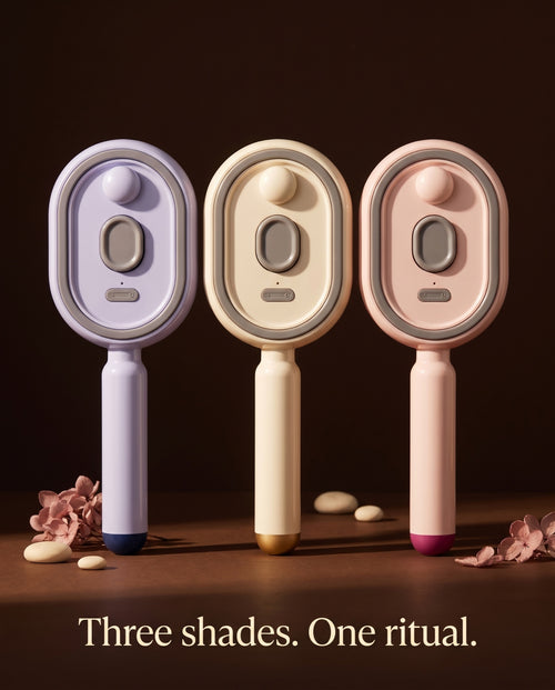 The Cloud misting scalp massage brush in Lavender, Cream and Blush Pink — three shades, one ritual