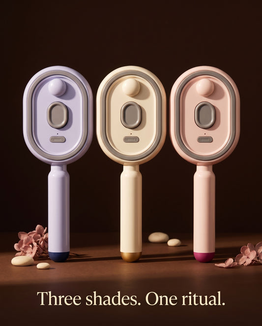 The Cloud misting scalp massage brush in Lavender, Cream and Blush Pink — three shades, one ritual
