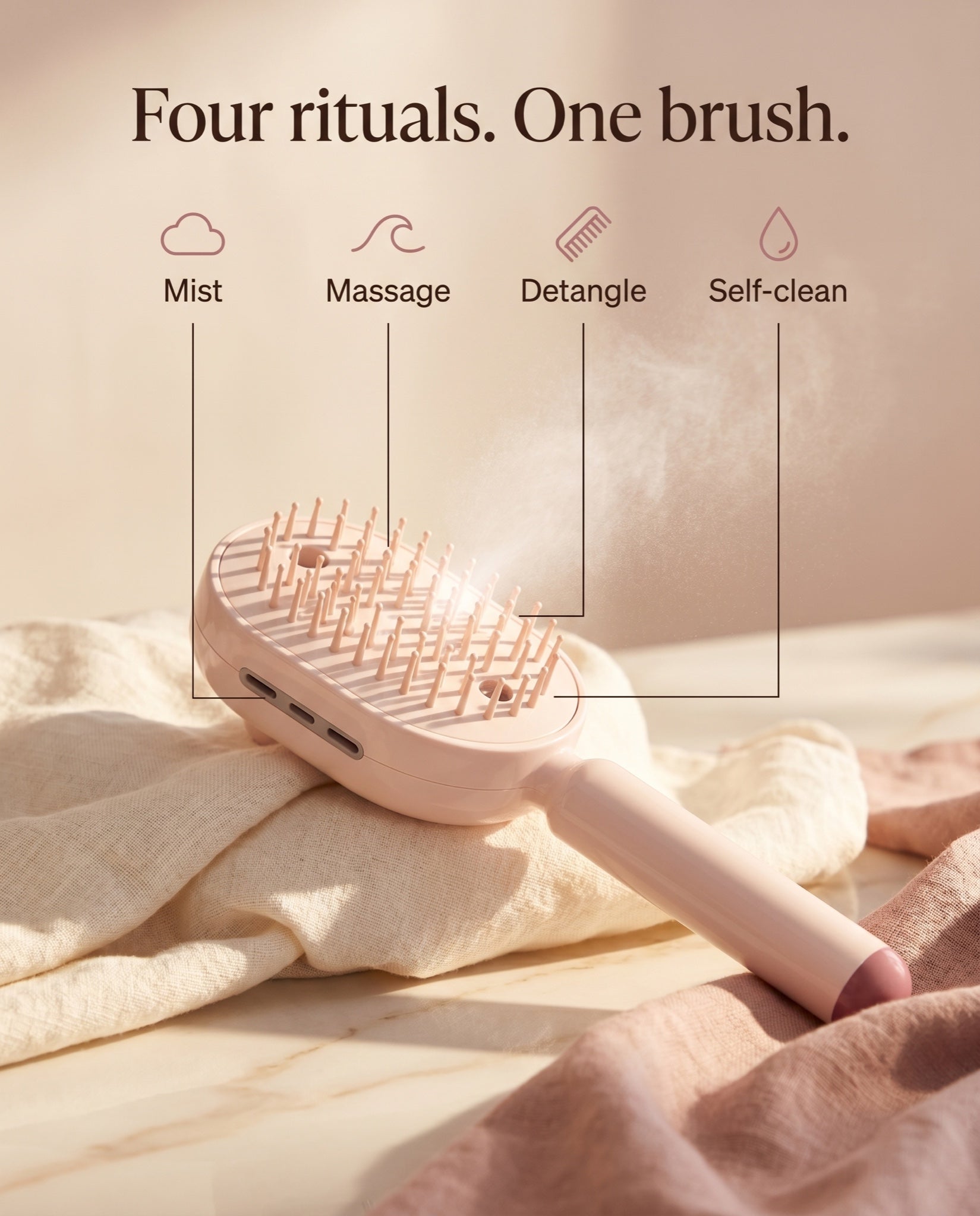 Four rituals, one brush — mist, massage, detangle, self-clean