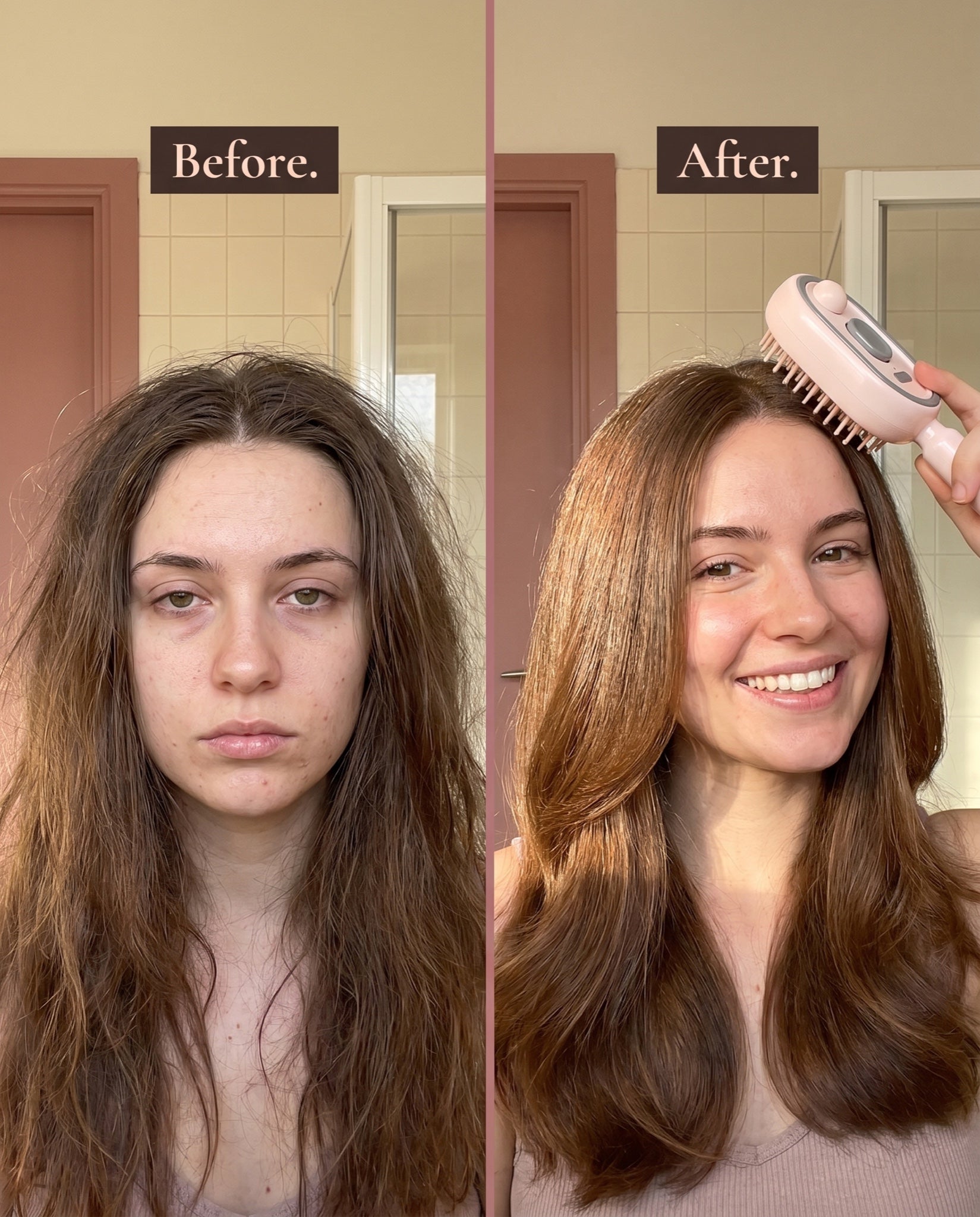 Before and after — dull, frizzy hair to glossy, smooth, voluminous hair with The Cloud