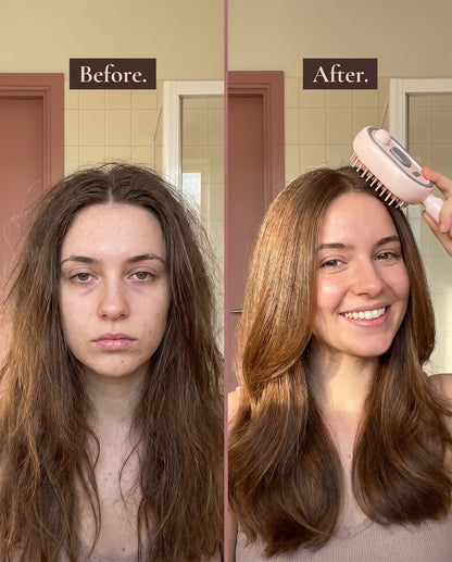 Before and after — dull, frizzy hair to glossy, smooth, voluminous hair with The Cloud