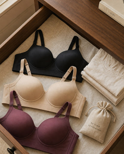 All three colourways folded neatly in a warm walnut drawer