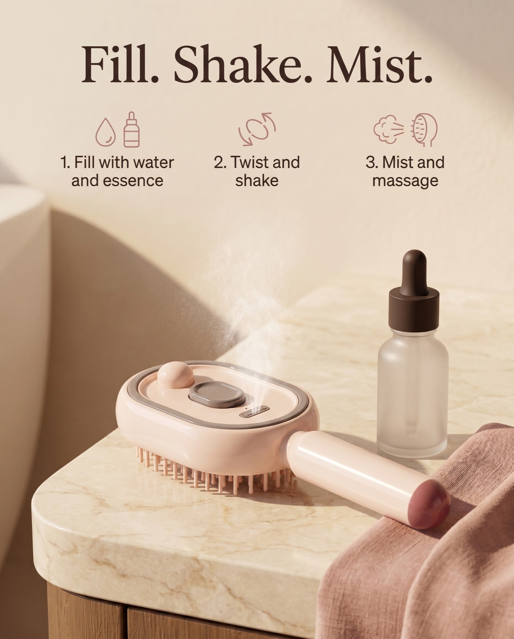 Fill, shake, mist — how to use The Cloud misting scalp massage brush