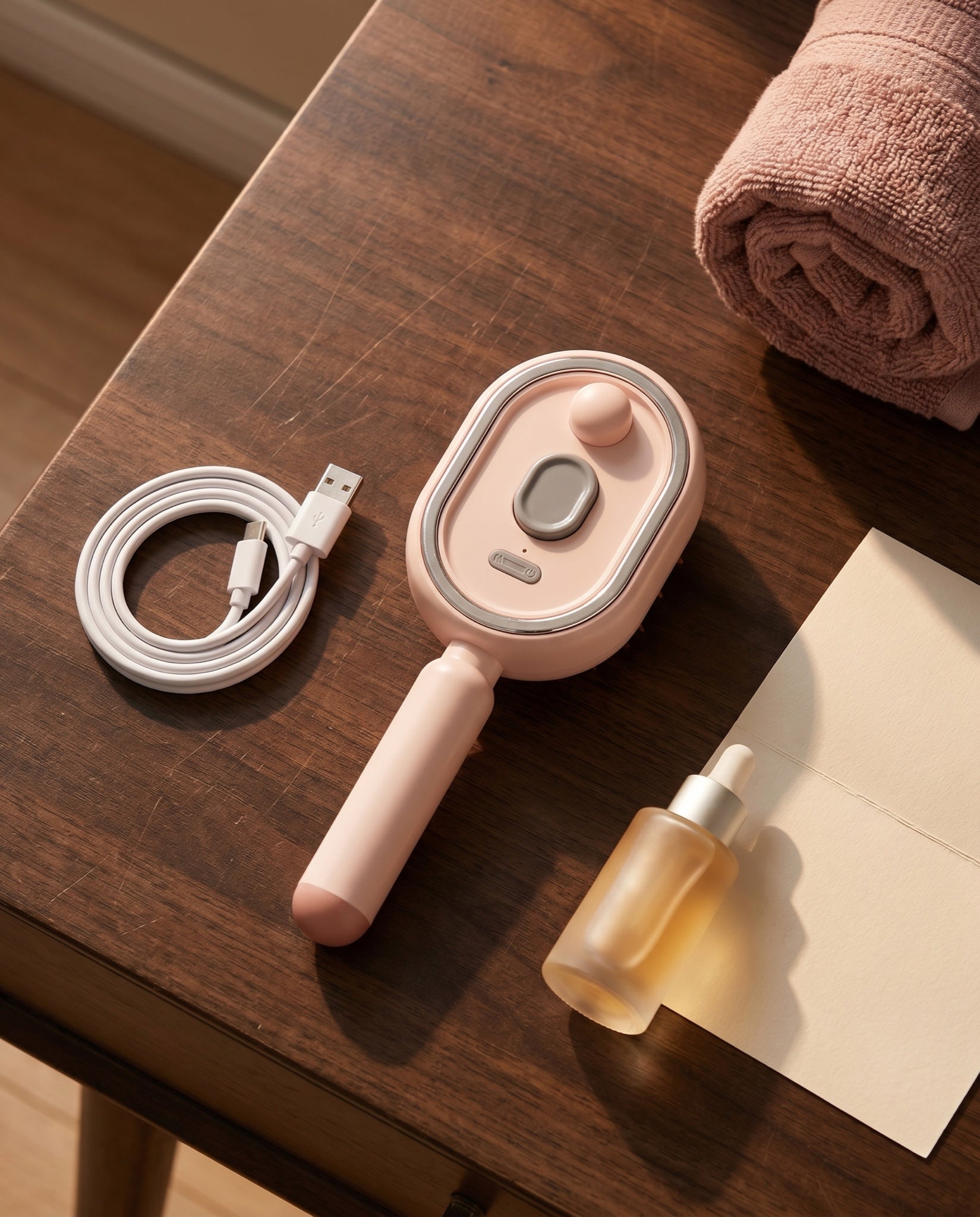 What's in the box — The Cloud brush, USB-C cable, essence dropper and quick-start card