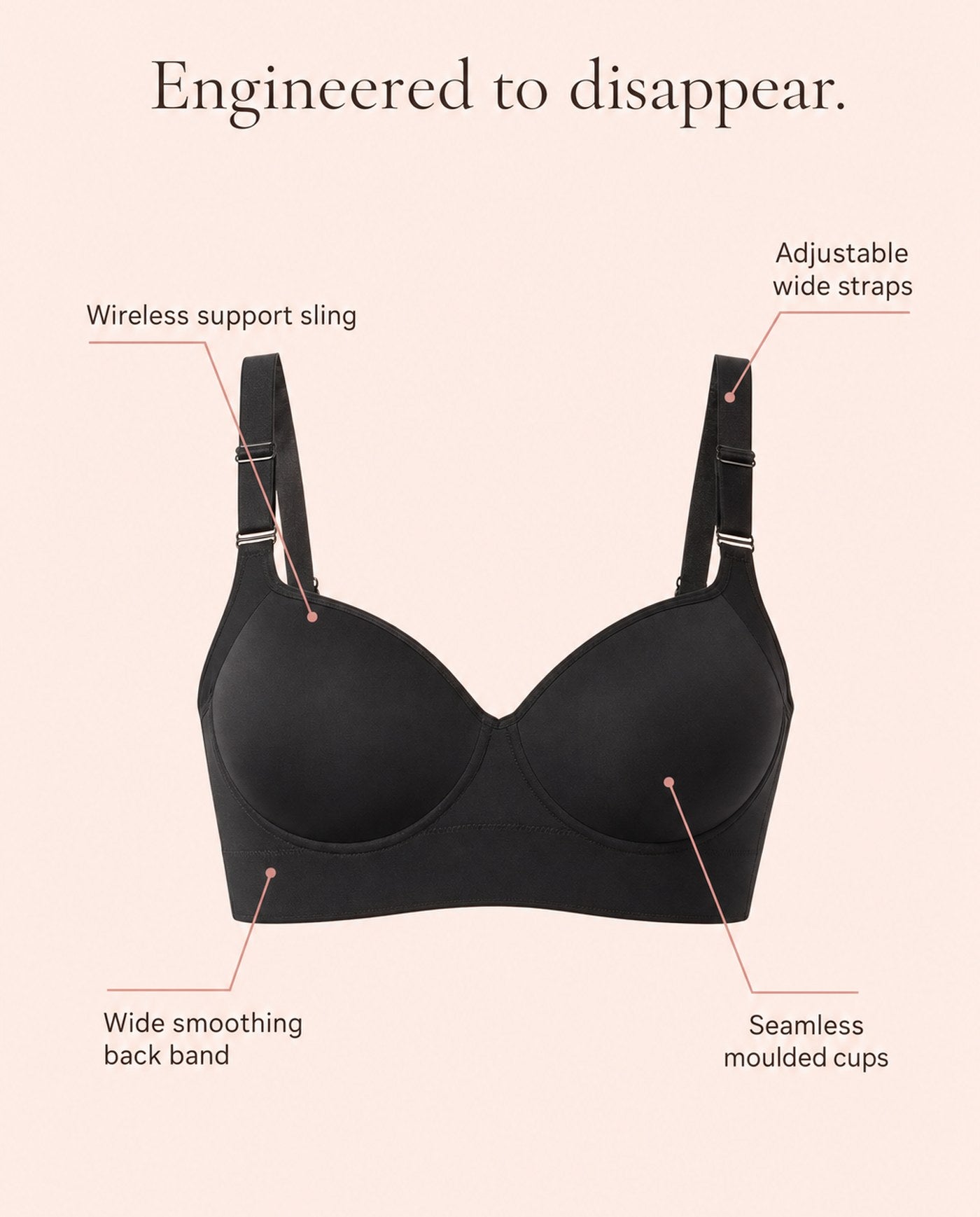 Features — wireless support sling, wide smoothing back band, seamless moulded cups, adjustable wide straps