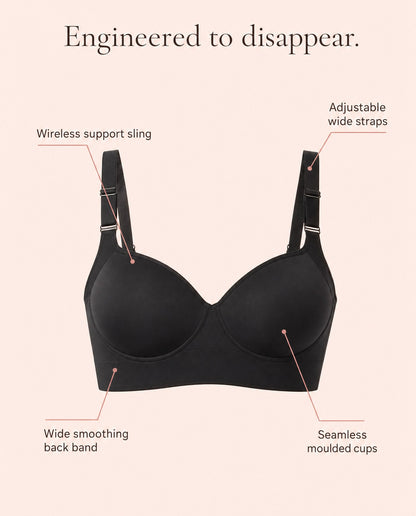 Features — wireless support sling, wide smoothing back band, seamless moulded cups, adjustable wide straps