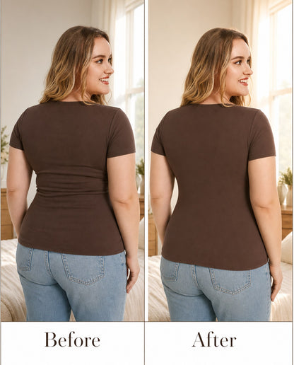 Before and after — a visible bra band line under a fitted tee versus a completely smooth back line