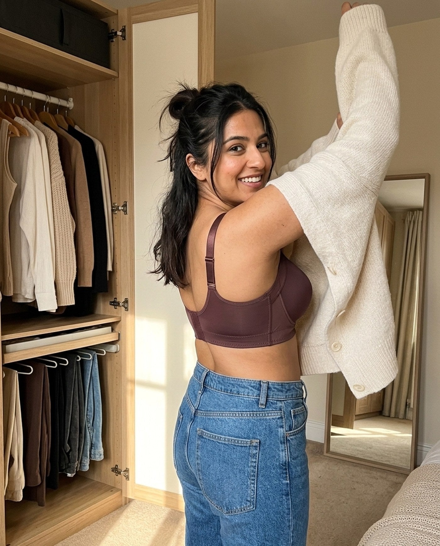 A woman pulling on a cardigan over The Ease bra in Burgundy, showing the wide smoothing back band