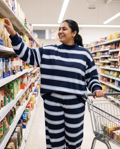 A woman pushing a cart down a supermarket aisle in The Sunday striped lounge set in Dark Blue