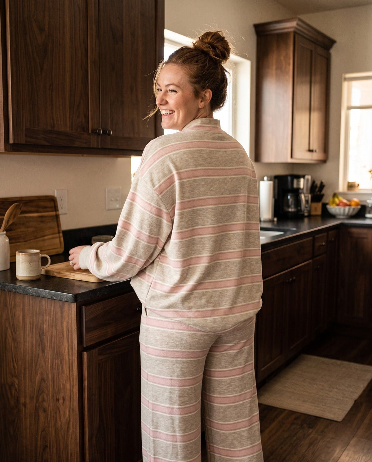 Back view of The Sunday striped lounge set in Pink
