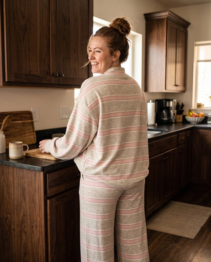 Back view of The Sunday striped lounge set in Pink