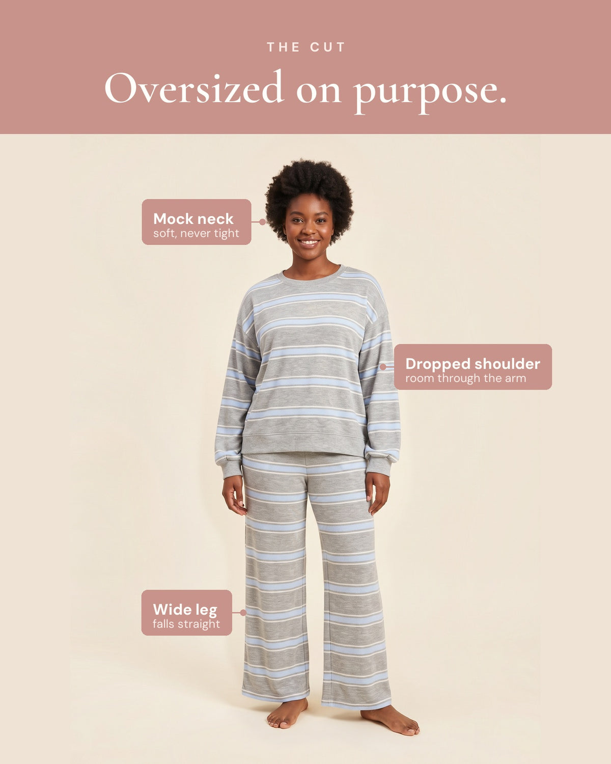 The cut — mock neck, dropped shoulder and a wide leg that falls straight