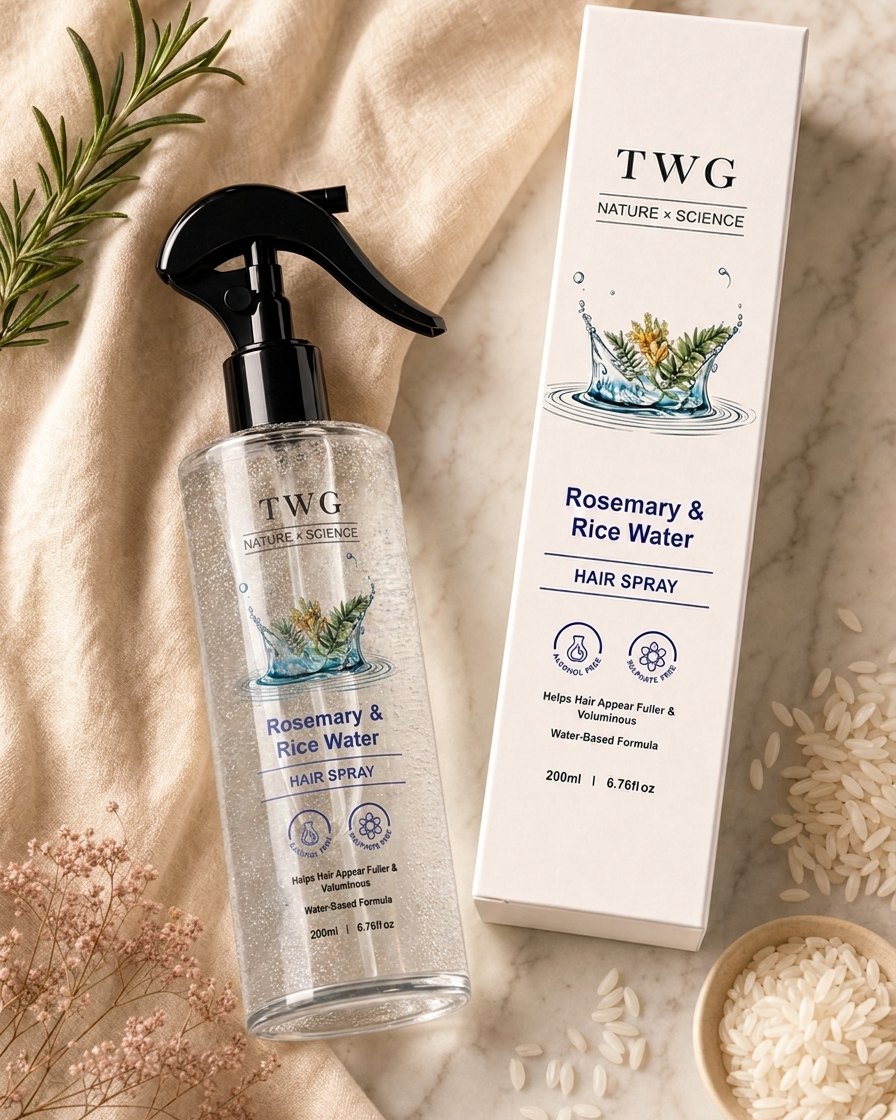 Fresh rosemary and rice water beside The Halo hair mist
