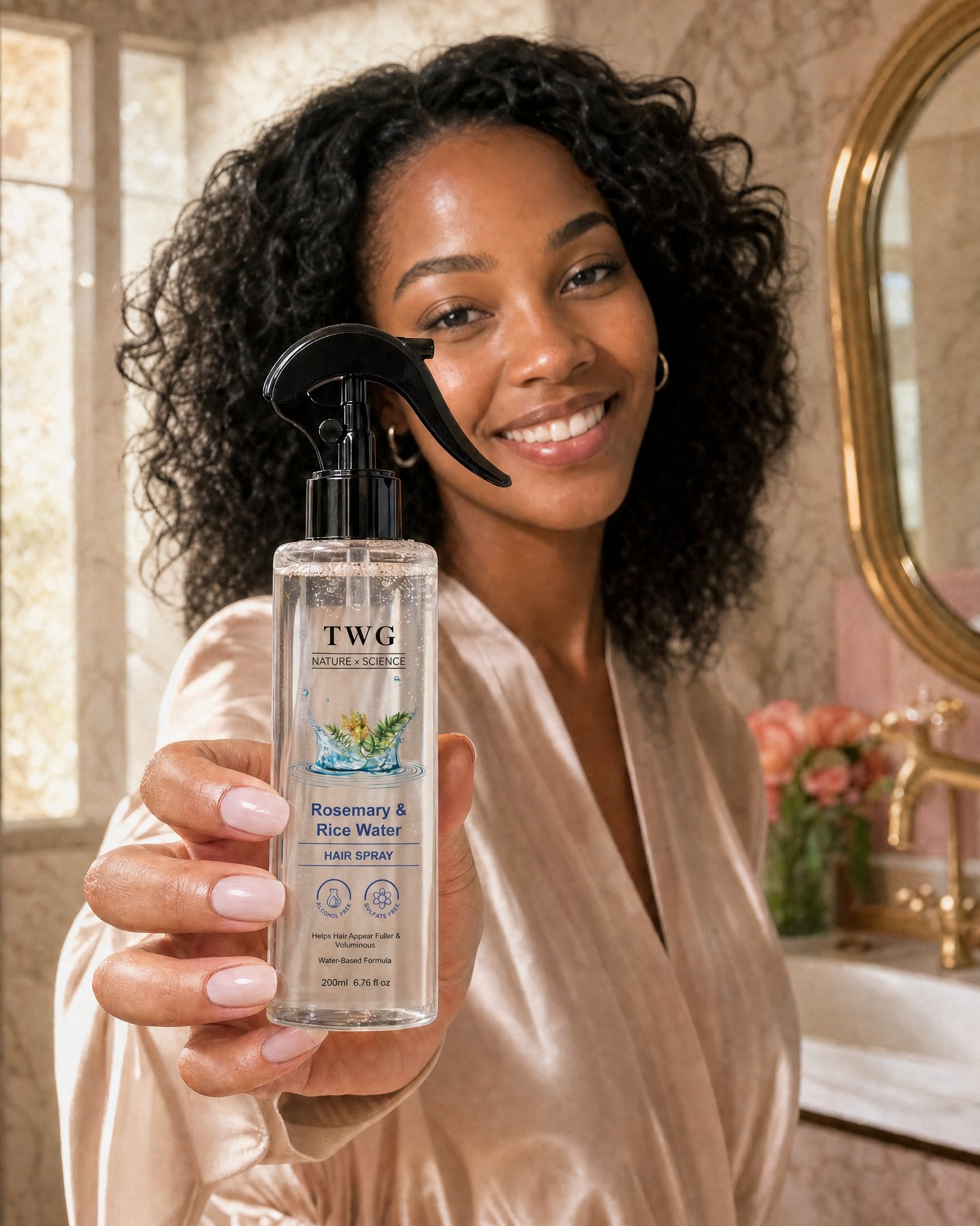 Woman with full, glossy, healthy-looking hair after using The Halo mist