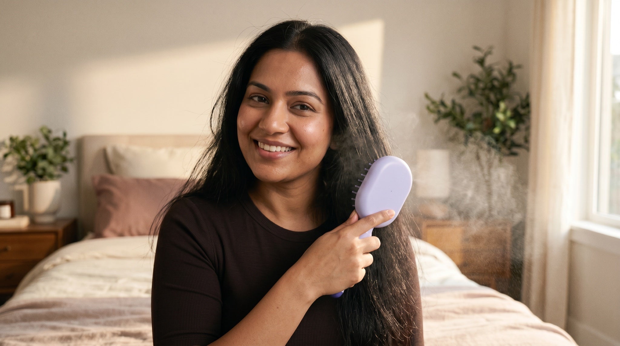 A happy woman using The Cloud misting scalp massage brush through her lengths at home