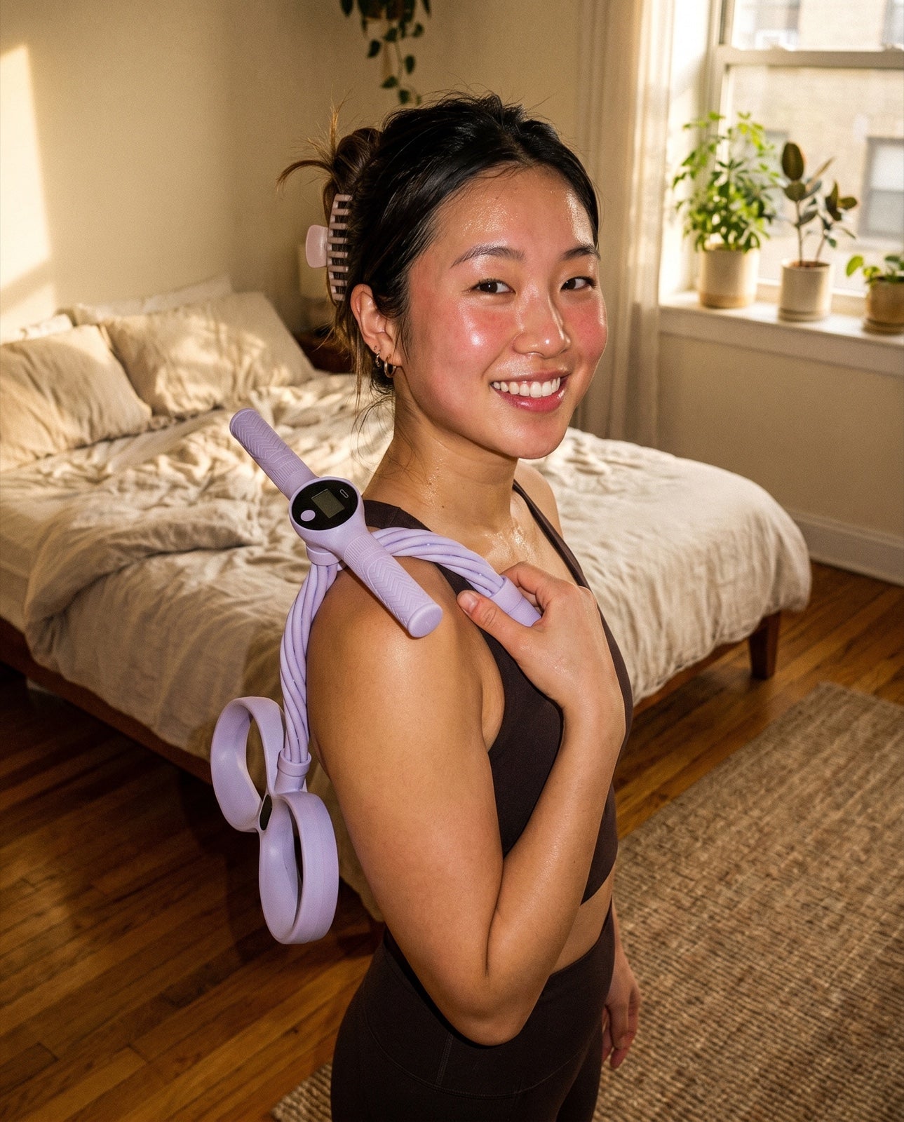 A woman mid-sculpt on her mat with The Studio body trainer