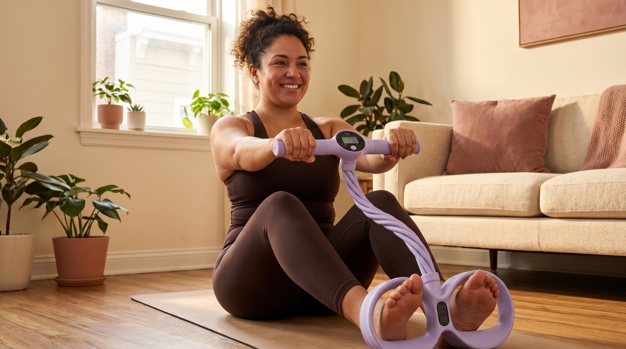 A woman using The Studio body trainer for a full-body sculpt at home