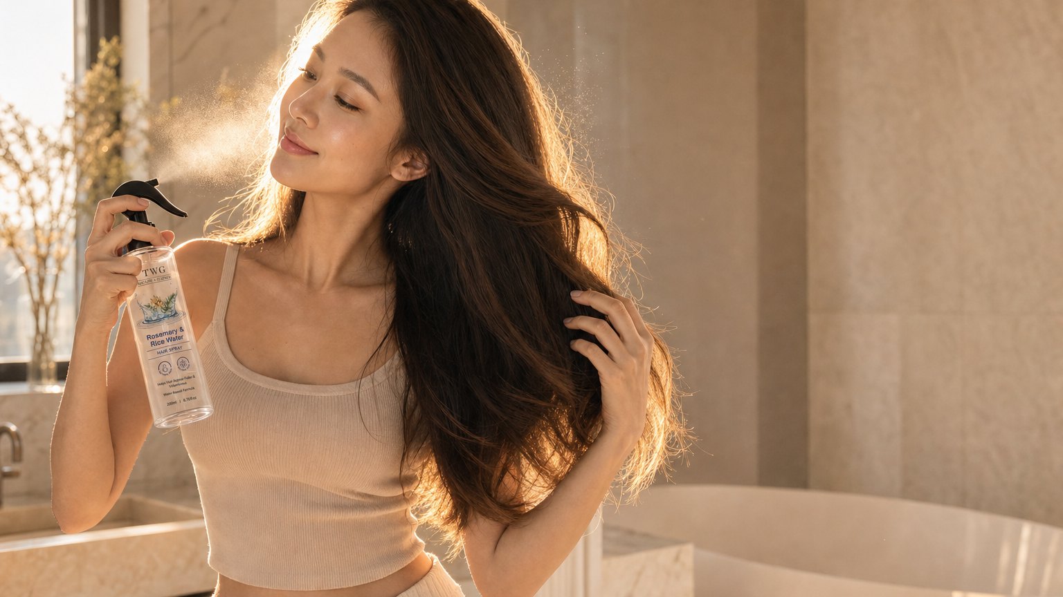 A happy woman with full, glossy hair holding The Halo rosemary and rice water mist at home