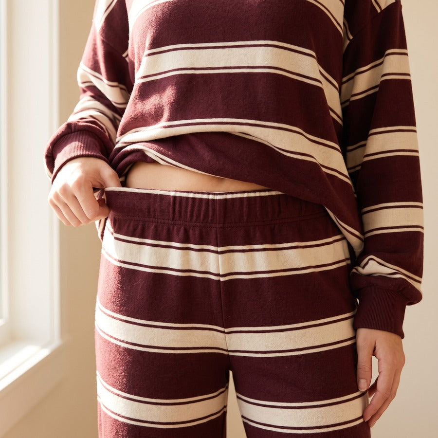 The soft elasticated waistband pulled loose in Wine Red
